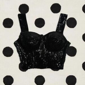 Black sequin corset top with adjustable straps Size M Made of 80% Cotton Vintage